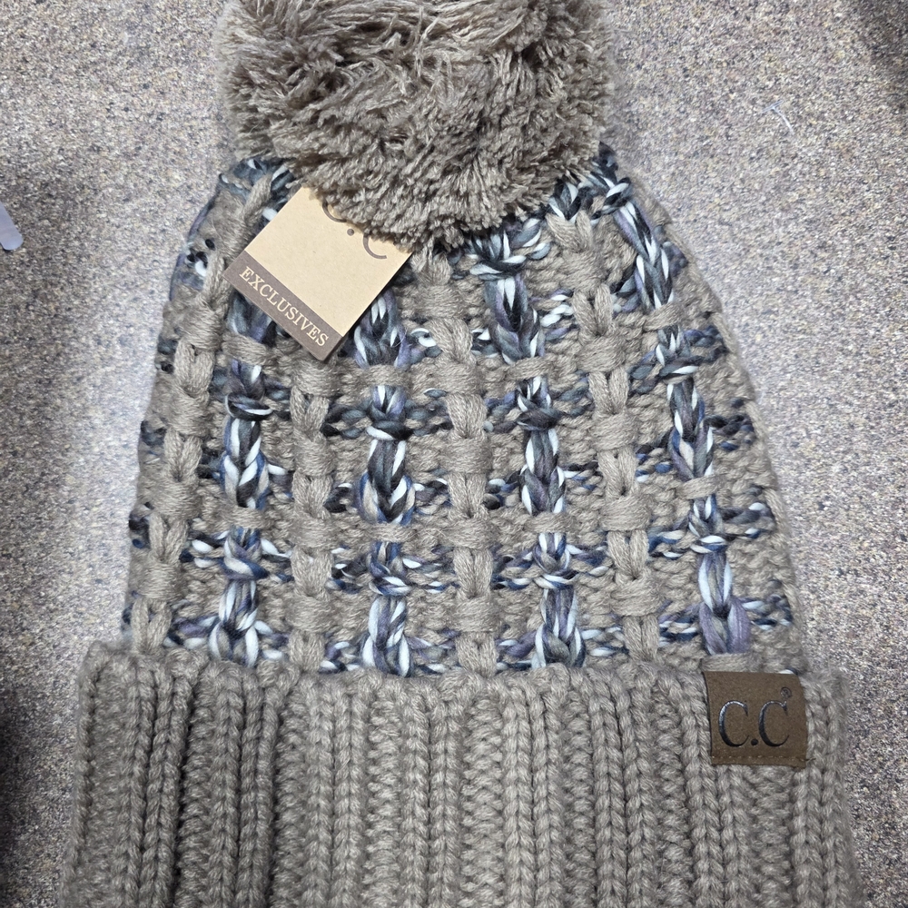C.C Taupe and Blue Knit Beanie with Pom Pom